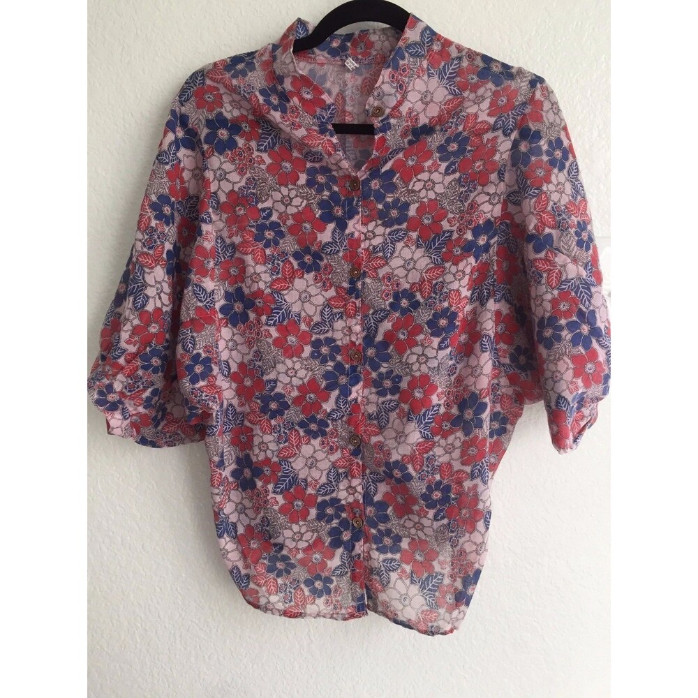 Thailand Handmade Floral Pink Top Batwing Blouse Button Up Shirt ¾ sleeve S M